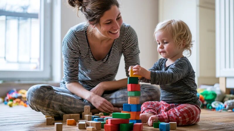 Entwicklungspsychologie 0–3 Jahre in der Kindertagespflege Entwicklungspsychologie 0–3 Jahre: Tagesmutter begleitet Kleinkind (KI-generiert)