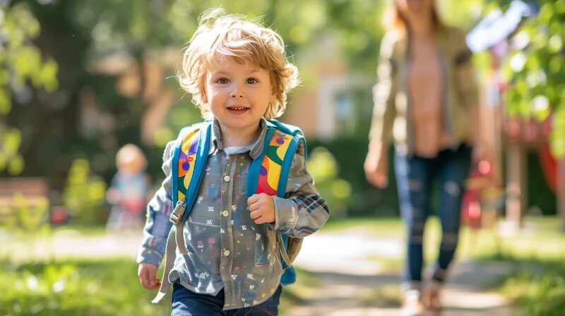 Den Übergang in den Kindergarten begleiten – Tipps für Tagesmütter Tagesmutter schaut einem Kleinkind mit Rucksack nach, das freudig in Richtung Kindergarten läuft (KI-generiert)