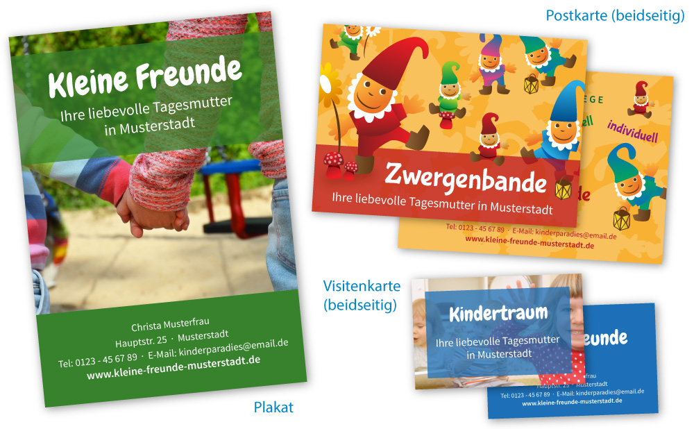 Abbildung Visitenkarten, Flyer und Plakate