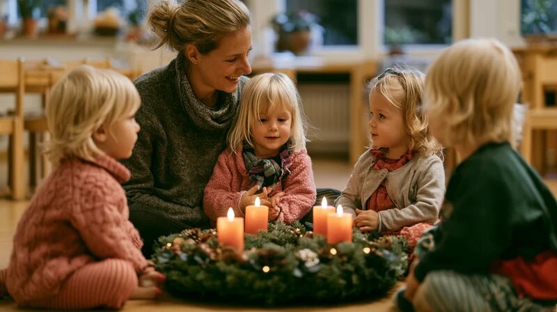 Tagesmutter und Kleinkinder sitzen im Morgenkreis um einen Adventskranz mit vier LED-Kerzen (KI-generiert)
