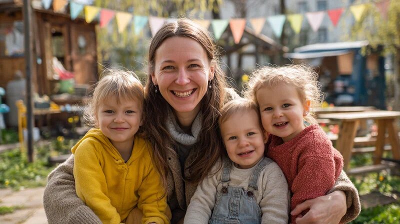 Tagesmutter und Kinder bei einer gemeinsamen Aktion der Aktionswoche Kindertagespflege 2026. (KI-generiert)