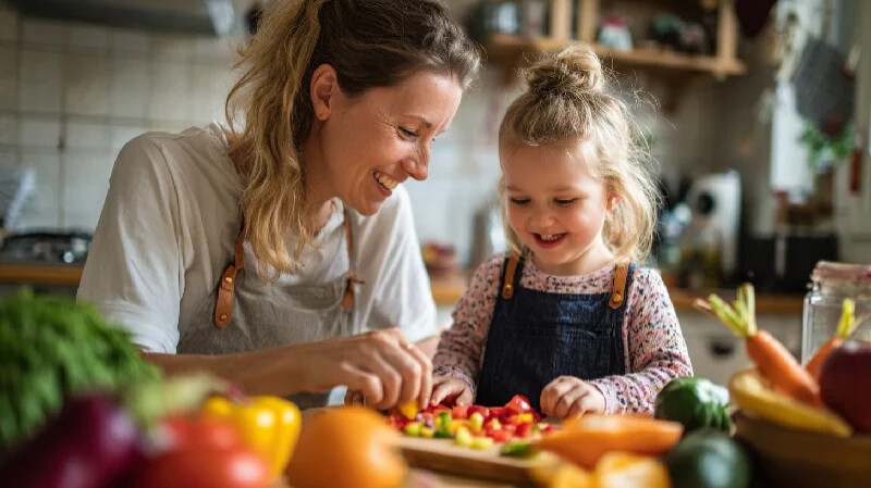 Tagesmutter bereitet gemeinsam mit Kleinkind eine gesunde Mahlzeit zu (KI-generiert)