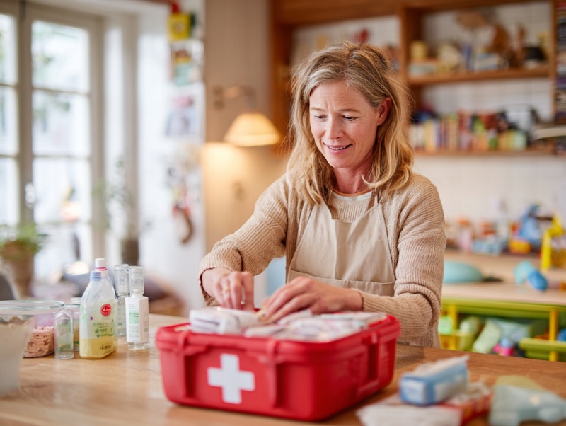 Eine vollständig ausgestattete Erste-Hilfe-Ausstattung gehört in jede Kindertagespflege. (KI-generiert)