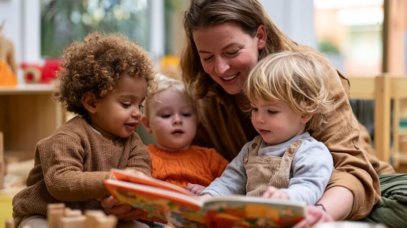 Tagesmutter betrachtet mit zwei Kleinkindern ein mehrsprachiges Bilderbuch im Spielzimmer (KI-generiert)