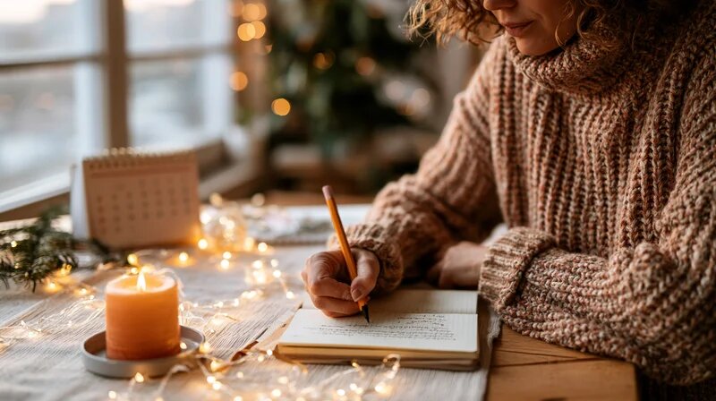Tagesmutter plant am winterlich dekorierten Tisch mit Kalender und Notizbuch das neue Jahr (KI-generiert)