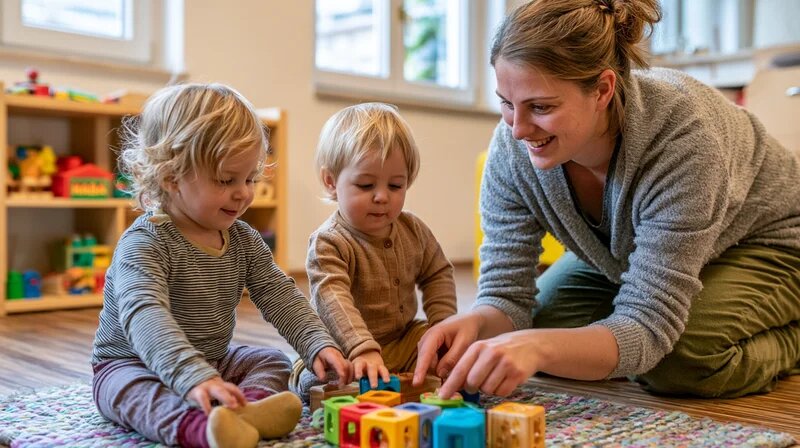 Zwei Kleinkinder und eine Tagesmutter beim ruhigen Lösen eines Spielzeugstreits in der Kindertagespflege (KI-generiert)