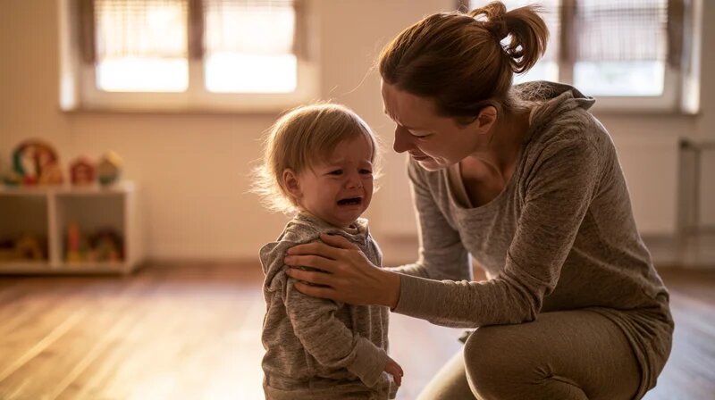 Tagesmutter kniet auf Augenhöhe eines weinenden Kleinkinds – ruhige Deeskalation in der Kindertagespflege (KI-generiert)