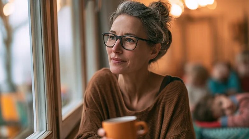 Tagesmutter macht mit einer Tasse Tee eine ruhige Pause am Fenster, während die Kinder schlafen (KI-generiert)