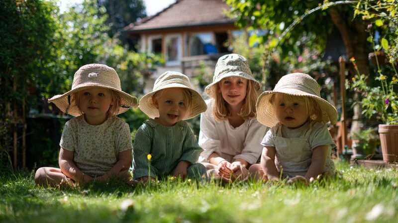 Tagesmutter mit Tageskindern im Schatten des Gartens – Sonnenschutz in der Kindertagespflege (KI-generiert)