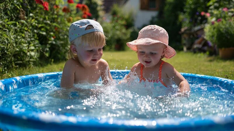 Kleinkinder beim Wasserspielen im Planschbecken unter Aufsicht der Tagesmutter (KI-generiert)