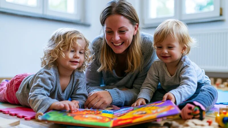Tagesmutter und zwei Kleinkinder schauen gemeinsam in ein Bilderbuch – dialogisches Vorlesen in der Kindertagespflege. (KI-generiert)