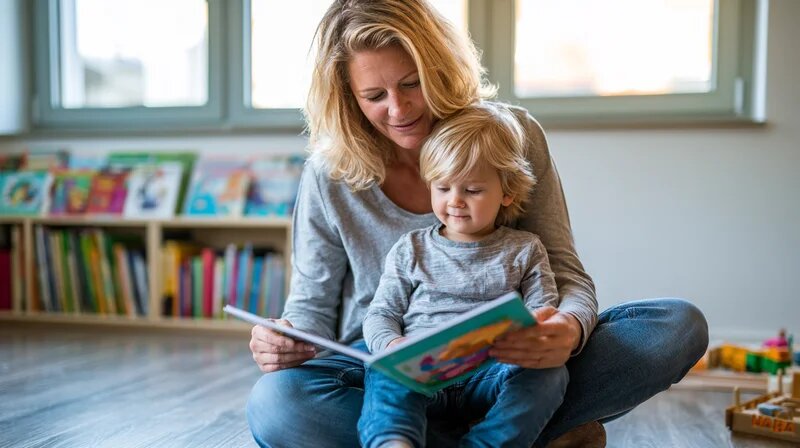 Tagesmutter liest einem Kleinkind aus einem Bilderbuch vor – Sprachförderung im Alltag der Kindertagespflege. (KI-generiert)