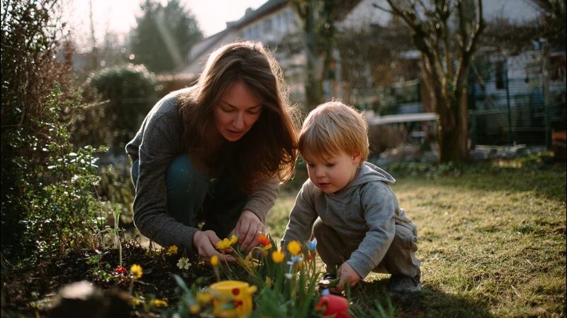 Tagesmutter und Kleinkind erkunden gemeinsam den Garten im Frühling. (KI-generiert)