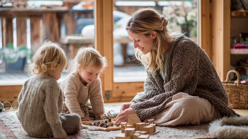 Tagesmutter spielt mit zwei Kleinkindern in einem hellen Wohnzimmer. (KI-generiert)